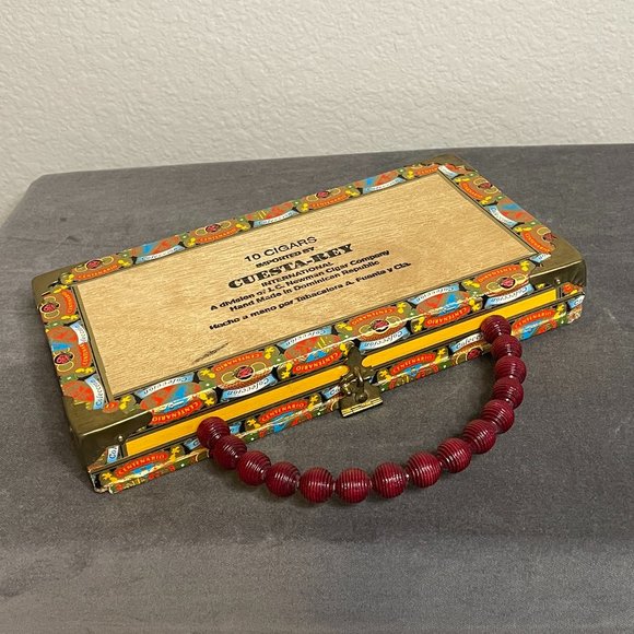 Yellow Cigar Box Purse with Red Bead Handle - Picture 4 of 6